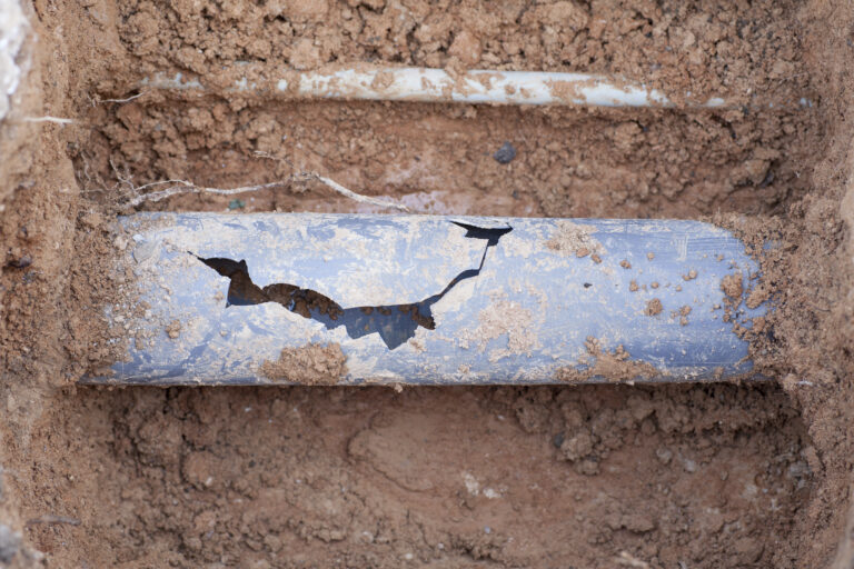 Cracked underground sewer pipe exposed in a trench with visible damage